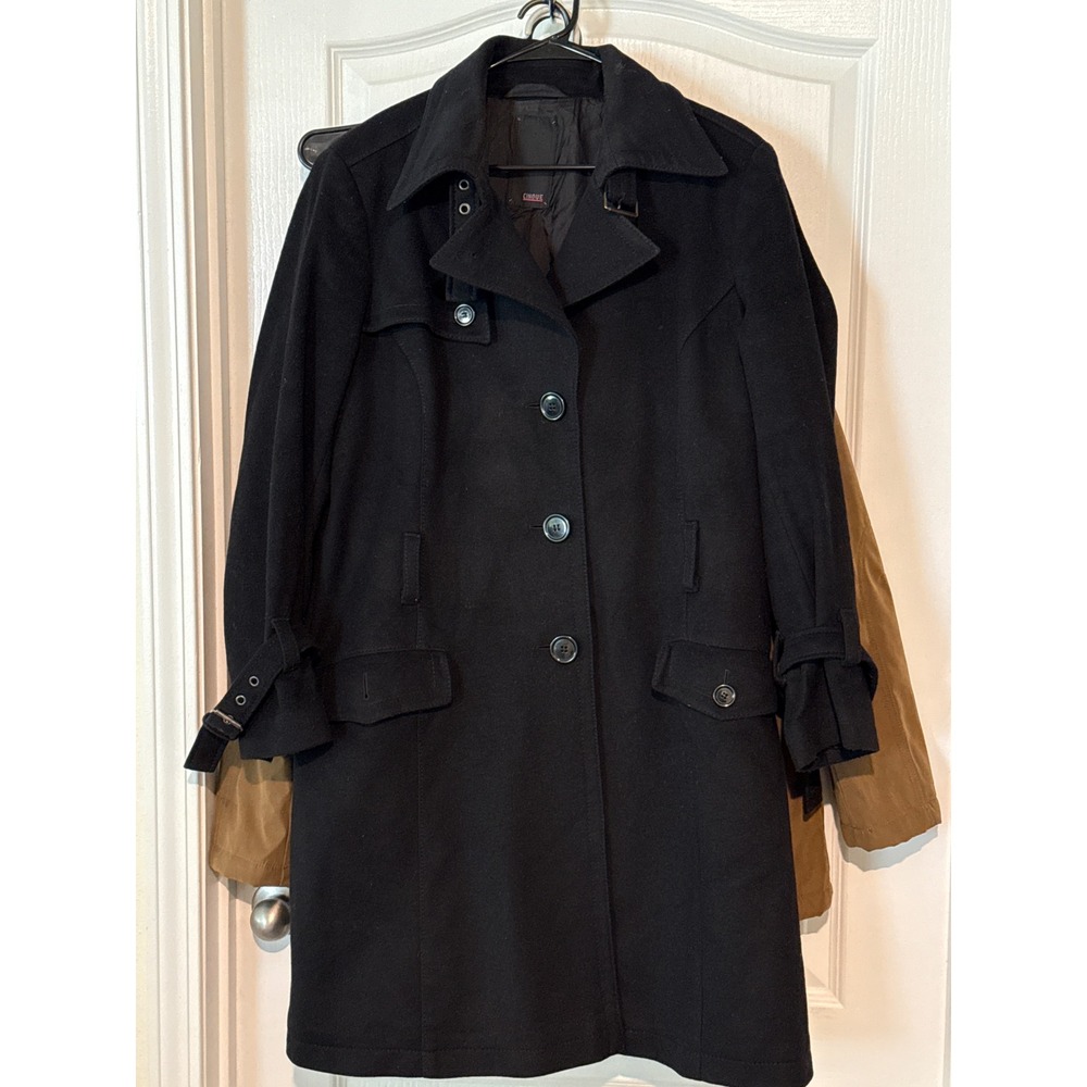 CINQUE Black Wool Trench Coat Jacket Womens Button Up Classic Long